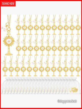 First Communion Pearl Cross Necklace with JHS Symbol Gold Chain Religious Gift